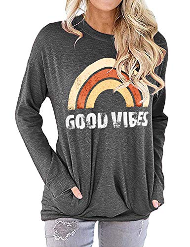 OUNAR Good Vibes Shirt Women Tank Top Loose Fit Cute Rainbow Graphic Tunic Cozy Comfy Blouse Top