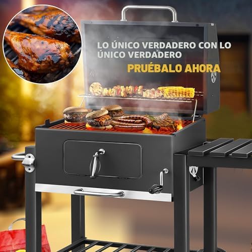 ® Parilla de Carbón con Carrito Grill con Tapa, Ruedas, Mango de Acero Inoxidable | Barbacoa y Termómetro Carbón Grande BBQ Asador Camping, Terraza, Jardín XL Gris