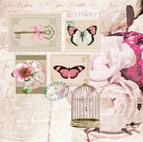 20 Napkins Vintage Stamps with Butterflies / Roses / Flowers / Spring / Summer 33 x 33 cm