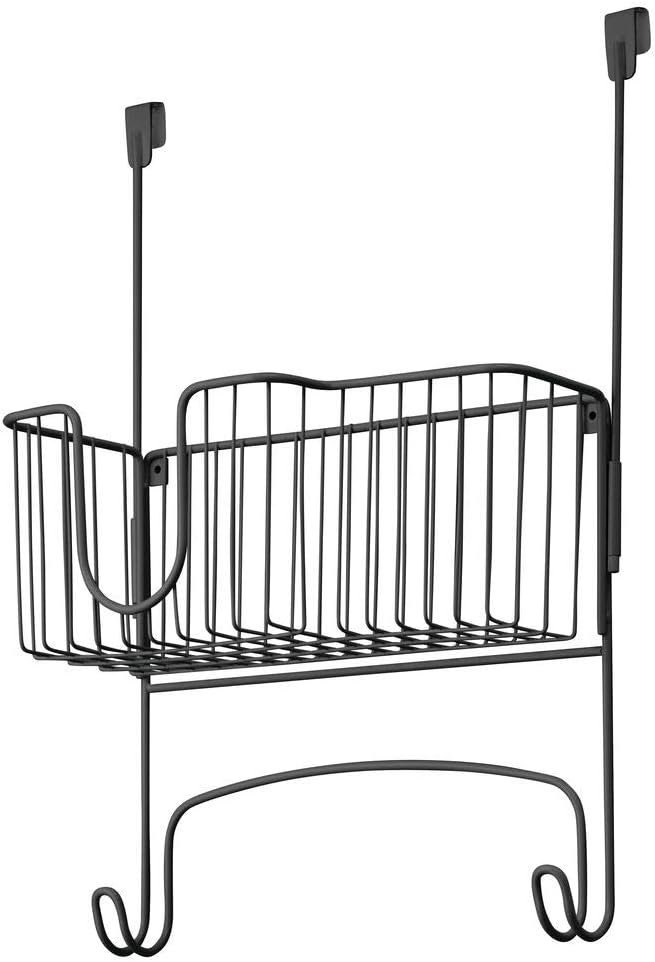 mDesign Metal Over Door Ironing Board Holder with Large Storage Basket - Holds Iron, Board, Spray Bottles, Starch, Fabric Refresher - for Laundry, Utility Room, Garage - Matte Black: Home & Kitchen