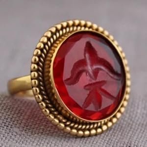 Exotic Ethnic Style Vintage Red Tone Relief Main Stone Ring, Women's Retro Themed Design Accessories