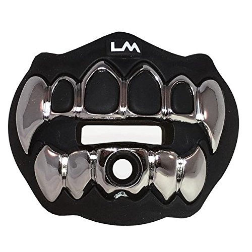 LOUDMOUTHGUARDS Football Mouth Guard - Pacifier Lip Protector Mouthpiece for Youth and Adults - 3D CHROME GRILLZ - Black and Silver with Top and Bottom Teeth Protection - Great Air Flow Custom Design