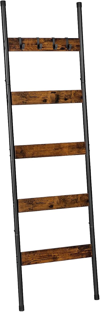 HOOBRO Blanket Ladder Towel Rack 5-Tier Wall Leaning Rustic Brown Black