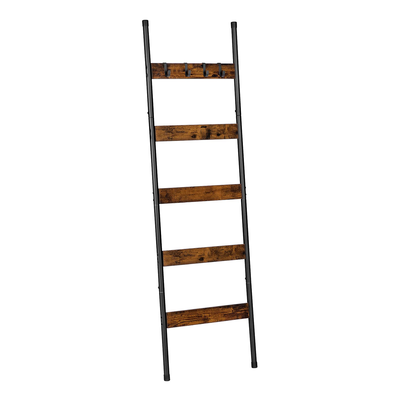 HOOBRO Blanket Ladder, Towel Rack with Hooks, Towel Ladder, 5-Tier Wall-Leaning Blanket Rack, Decorative Display Ladder Shelf, for Scarves, Bedroom, Industrial, Rustic Brown and Black EBF52CJ01