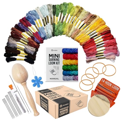 Funalya Mini Loom & Darning Kit with 14 Hooks, 10 Knitting Needles, 50 Colors Thread, DIY Sock Mending Tool, Complete Mini Loom & Darning Kit with Guide (Orange)