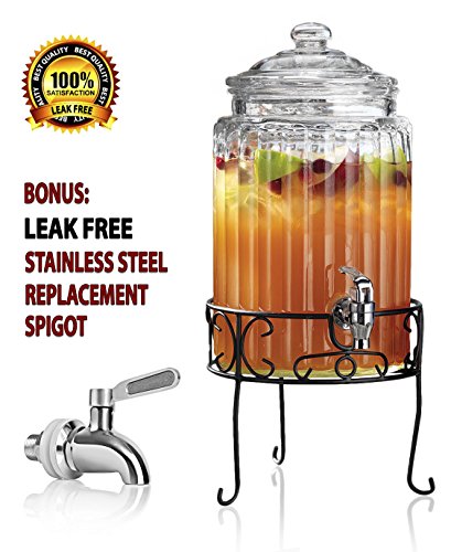 Glass Beverage Drink Dispenser - Elegant Ribbed Design on Metal Base Stand - 1.5 Gallon Capacity - Stainless Steel Leak Free Spigot Included - Home Bar & Party Glass Jug Centerpiece