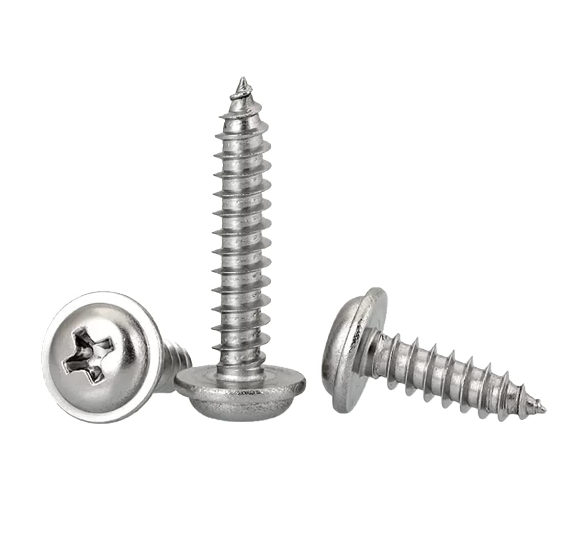 FandWay 100Pcs Self Tapping Screws 304 StainlessSteel,M5 Wood Screws Kit,Pan Head With Washer Self Drilling Screw,Wafer Head Sheet Metal Screw Phillips Drive for DIY Woodwork Repairs. — image 1