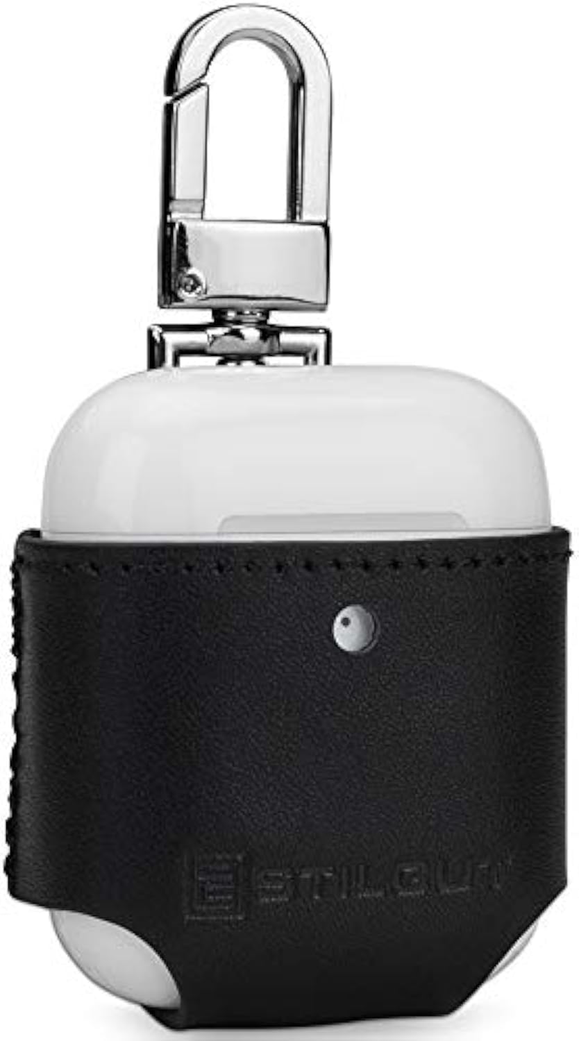 StilGut Leather Case for Apple AirPods 2. Generation, AirPods 2 Case with Carabiner, Black Nappa