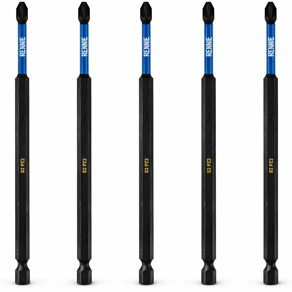 5 x Rennie Tools 150mm Long PZ2 Impact Screwdriver Driver Bits Set. Heavy Duty PoziDriv POZI No.2 Magnetic Screwdriver Bit Set. PZ2 Impact Driver Bits Pozidrive Screw Accessories. Black Oxide Coated