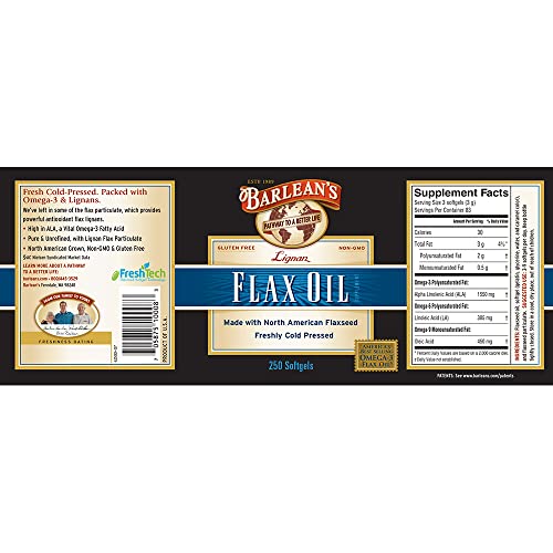 Barlean's Flax Oil Softgels with 1,650 mg ALA Omega3 Fatty Acids for