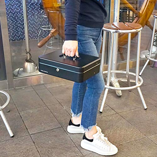 Black Steel Cash Box with Safe Key Lock | Tiered Money Coin Tray and Bill Slots | Portable and Compact | 2 Keys | Metal Lockable Storage Box for Change, Petty Cash, Fundraiser, Garage Sale