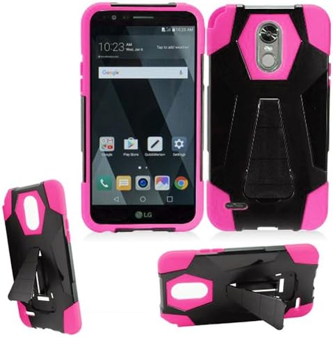 Phone Case for Boost LG Stylo-3 4g LTE / Stylo3 (Virgin Mobile) / LG Stylo-3-Plus 4g LTE Rugged Cover With Wide Stand (Wide Stand Black-Pink Corner)