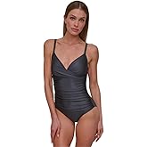 DKNY Womens Surplice Ruched Spaghetti Strap One Piece Swimsuit with Tummy Control