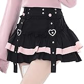RILGOU Kawaii Lolita Goth Vintage Casual Elastic Waist Color Blocking Rivet Lace Trim Layered Pleated Skirt for Women