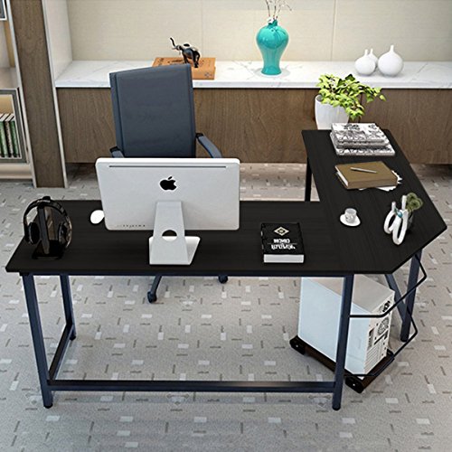 Corner Desk,Pexfix L-Shaped Wood Metal Corner Computer Desk PC Laptop Study Table with Bookshelf for Office or Home Use,Black - Thumbnail 2