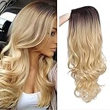 Musfree Ombre Blonde Synthetic Wigs Hair Natural Long Body Wave 200% Density Heat Resistant Fiber Cosplay Wigs for Women (1B/Blonde)