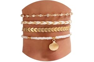 ZZ ZINFANDEL 4Pcs Bohemian Puka Shell Anklets Beaded Bracelets for Woman,Gold Anklets Beach Foot Chain Charm Adjustable Bead Bracelets for Girls Foot Jewelry