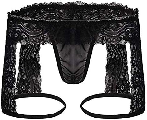 Mens Lace Thong Underwear, Enhance Bulge Pouch Bikini Hollow Out Briefs Pants Sleepwear