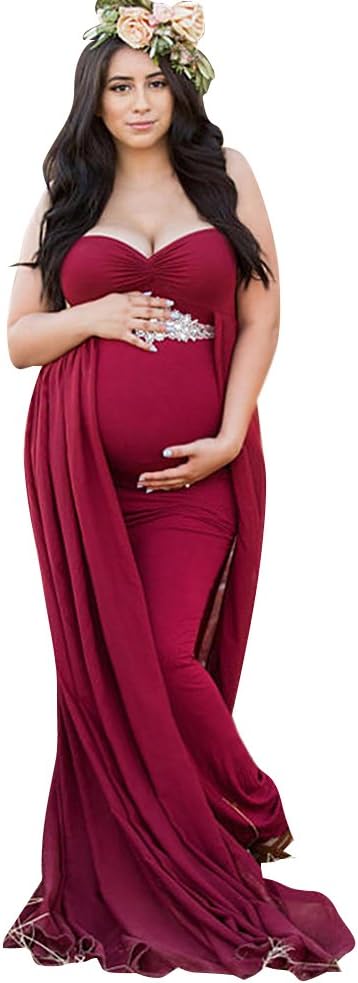 Women's Off Shoulder Sleeveless Maternity Dress for Photography Chiffon Cotton Maternity Gown for Photoshoot (Red, L)
