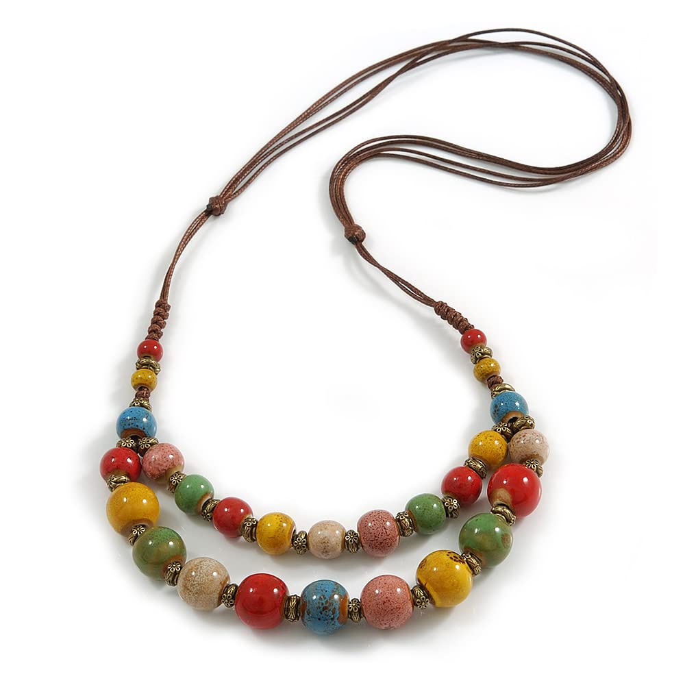 Avalaya Multicoloured Ceramic Layered Brown Silk Cord Necklace - 60-70cm L/Adjustable