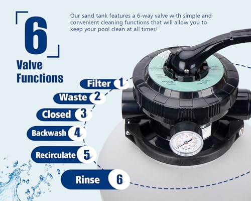 CHOOSMO 10 Inch Sand Filter Pump for Above Ground Pools, 2220 GPH 1/4 HP Pool Filtration System, 30 lb Sand Tank, 6-Way Valve, Hose Adapters, 115V, for 3,000–6,500 Gal Pools