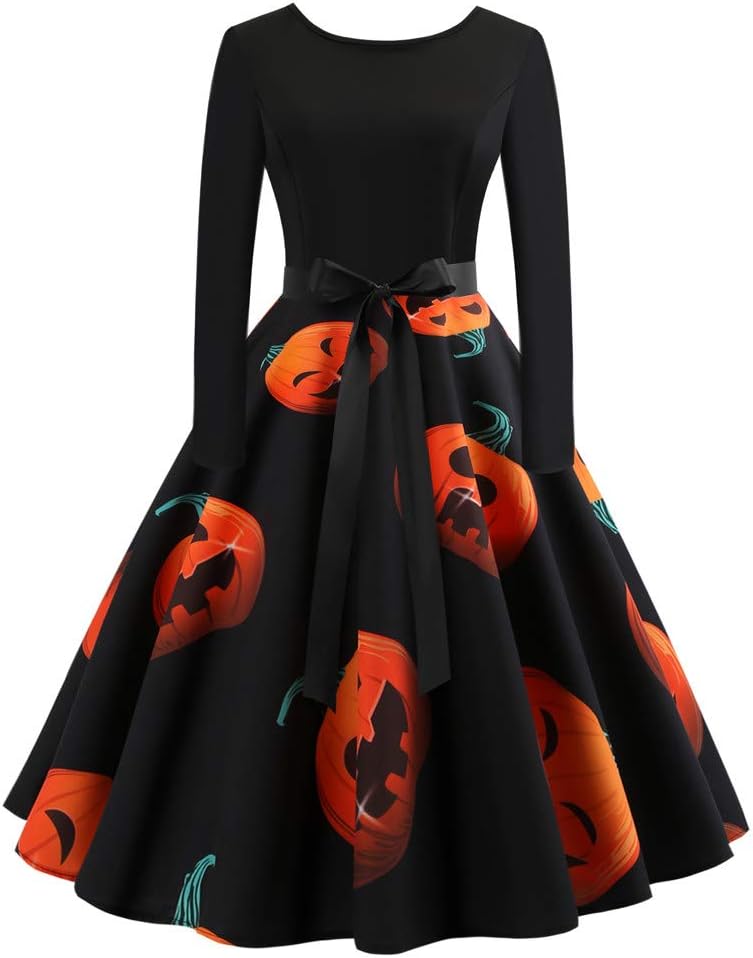 Halloween Womens Dress Clearance Ladies O Neck Long Sleeve Printing Vintage Gown Party Dress