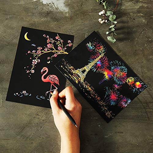 Scratch Art Paper, Rainbow Night View Scratchboard Pads for Adults and Kids, Mini Envelope Postcard Art & Crafts Set: 12 Sheets Scratch Cards & Scratch Drawing Pen, Clean Brush 7.9"x5.5" (City Living)