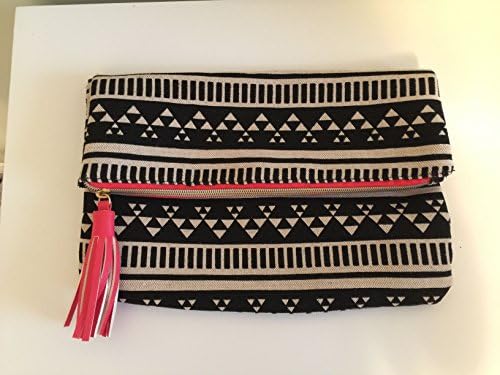 Bergdorf Goodman Aztec Print w/ Pull Tassel Cotton/Linen Foldover Clutch Bag