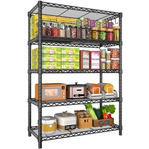Mapleyard Storage Shelves 5 Tier Sturdy Metal Garage Shelving Unit with Adjustable Leveling Feet, Space-Saving Shelves Organizer for Pantry, Laundry, Kitchen, 90cm x 35cm x 183cm, NSF Certified,Black