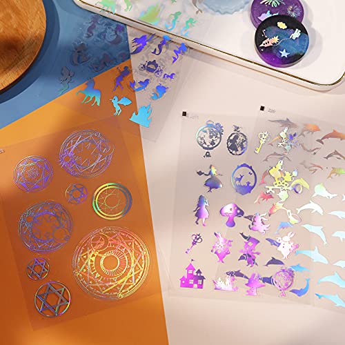 LET\'S RESIN 26 Sheets Resin Stickers, Holographic Stickers for Resin, Golden Shiny Laser Stickers, Nature Stickers, Romantic Themes, Letters Stickers, Transparent Decorate Stickers for Card Making, Scrapbook, Crafts, DIY Jewelry