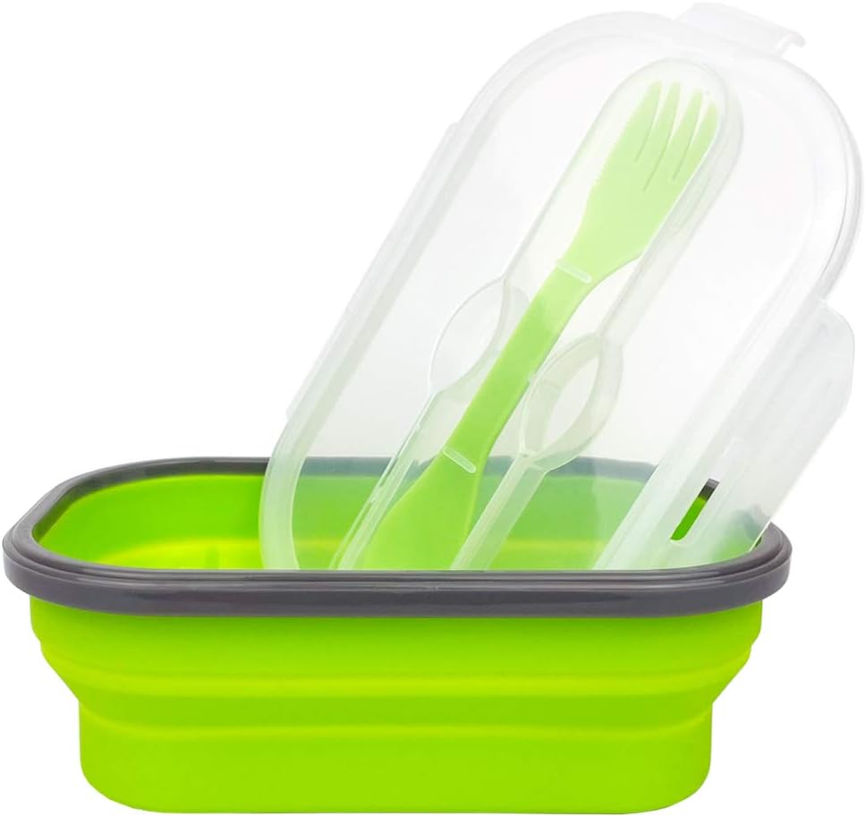 ECOmorning Green Silicone Lunch Container Bento Lunch Box Collapsible Food Storage Container with Airtight Lid and Fork, Ideal For Lunch, Camping, 800ML