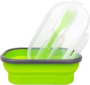 ECOmorning Green Silicone Lunch Container Bento Lunch Box Collapsible Food Storage Container with Airtight Lid and Fork, Ideal For Lunch, Camping, 800ML