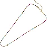 EQUBIO Beaded Necklace for Women, Handmade Colorful Gem and Pearl Design, Adjustable Boho Daisy Jewelry, Lightweight Fashion Accessory for Vacation, Party and Gift