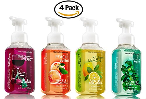 Bath and Body Works Kitchen Favorites Soap Collection (Set of 4) Black Cherry Merlot + Kitchen Lemon + Eucalyptus Mint + Peach Bellini -- Bath & Body Works Gentle Foaming Hand Soaps