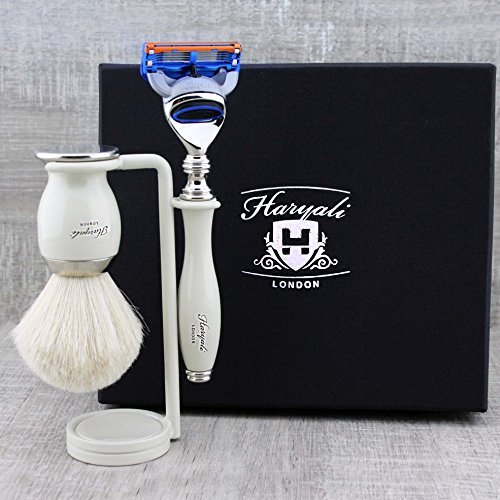Haryali London 5 Edge Razor with White Badger Hair Shaving Brush and Stand Perfect Shaving Kit for Mens