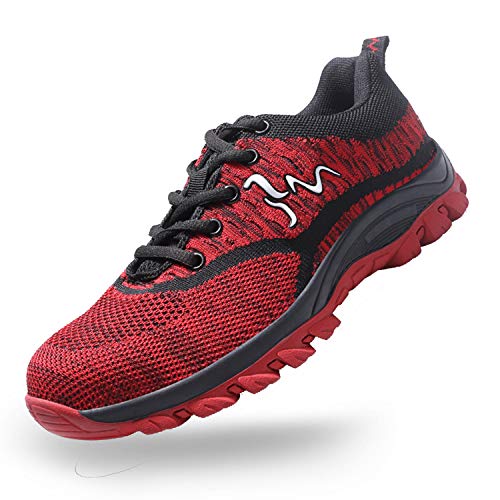 SUADEX Steel Toe Shoes for Men and Women Industrial Construction Work Safety Shoes Sneakers, Outdoor Hiking Trekking Trail Composite Shoes 118-Red Size 9 Women / 7.5 Men