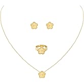 JIEMUCHU Gold Plated Stainless Steel Four Leaf Clover Necklace Earrings And Ring Jewelry Set for Women