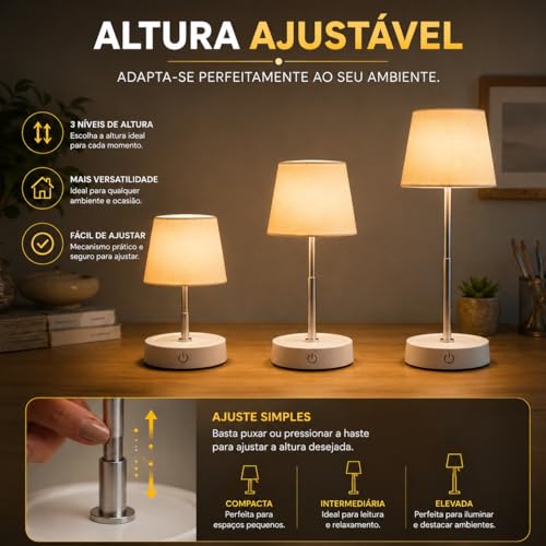 Luminária de Mesa LED Recarregável USB Touch 3 Níveis de Luz Dimerizável Sem Fio Abajur Portátil Retrátil para Quarto, Cabeceira, Estudo e Escritório