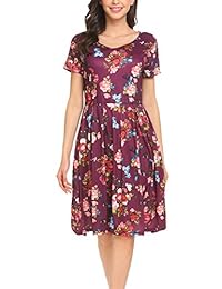 BLUETIME Vestido plisado casual de manga corta con estampado floral y bolsillos para mujer