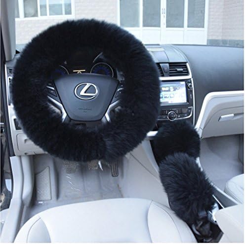 Annababy Universal Fashion Car Steering Wheel Covers for Women/Girls/Ladies Winter Warm Faux Wool 15 Inch 1 Set 3 Pcs With Handbrake Cover Gear Shift Cover, Black