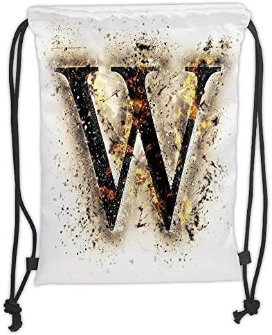 Custom Printed Drawstring Backpacks Bags,Letter W,W Symbol on Fire Scorched Blurry Background Heat Image Smoke Design Print,Tan Black Orange Soft Satin,5 Liter Capacity,Adjustable String Closure,