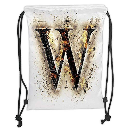 Custom Printed Drawstring Backpacks Bags,Letter W,W Symbol on Fire Scorched Blurry Background Heat Image Smoke Design Print,Tan Black Orange Soft Satin,5 Liter Capacity,Adjustable String Closure,
