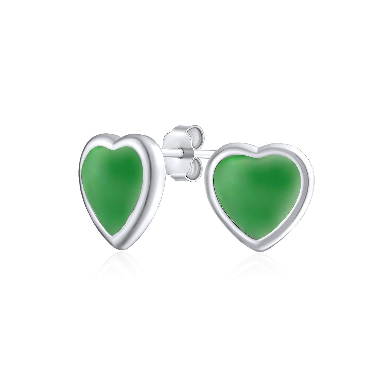 Romantic Gemstone Heart Shaped Stud Earrings: Women Teens, .925 Sterling Silver, Bezel Set Green Jade, For Girlfriend — image 1