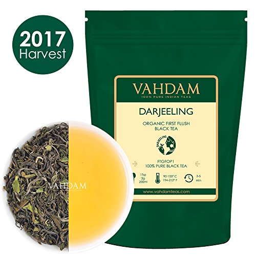 2017 First Flush Organic Darjeeling Tea - Makes 50 Cups, 3.53oz, Loose Leaf Black Tea - Flowery, Aromatic & Delicious, Picked, Packed & Shipped Direct from India, Champagne of Teas, Mellow & Fragrant