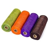 LaRibbons Deco Poly Mesh Ribbon - 10 inch x 30 feet Each Roll - Metallic Foil Orange/Black/Purple/Green Set for Wreaths, Swags and Decorating - 4 Pack