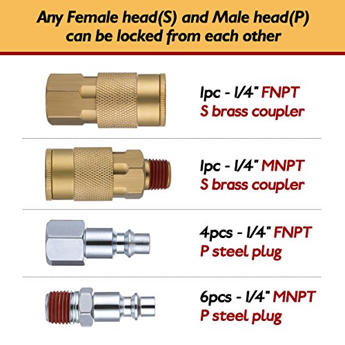 12PCS Air Fittings, Drillpro Pneumatic Quick Connect, Brass Air Coupler and Steel Plug Kit, 1/4'' NPT I/M, for Air Line, Air Compressor,Air Drill etc Pneumatic Tool Quick Connect