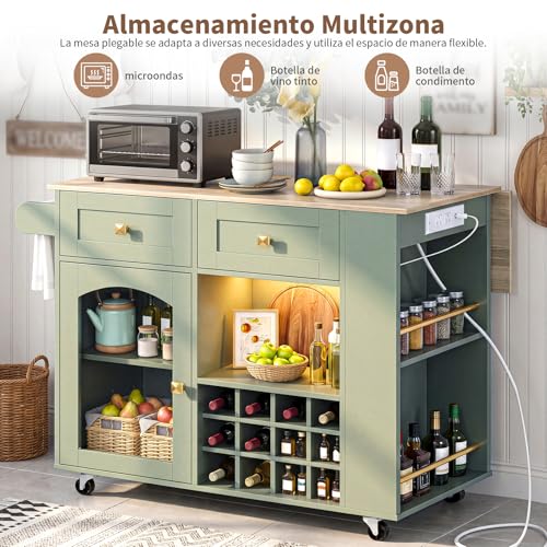 SIMPLE ESPACIO Isla de Cocina,Isla Cocina Está Equipada con una Mesa Plegable,Enchufes y Tiras de Luces,un Botellero y un Estante para Condimentos,Armarios y Cajones,Asas y Ruedas(Blanco-Verde)
