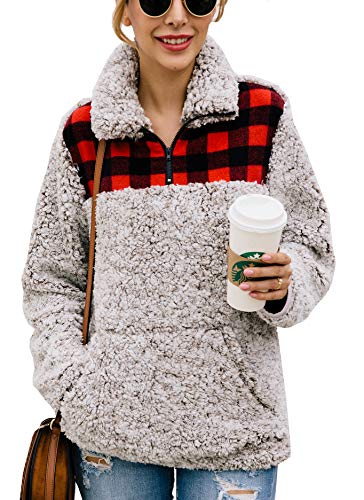 BTFBM Women Fashion Color-Block Plaid Print Warm Fleece Long Sleeve Sweatshirt Zipper Sherpa Pocket Pullover Jacket Tops (Khaki, Medium)