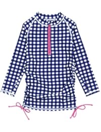 SwimZip Girls Long Sleeve Swim Dress Cover Up UPF 50+ - Navy Gingham - 10-12