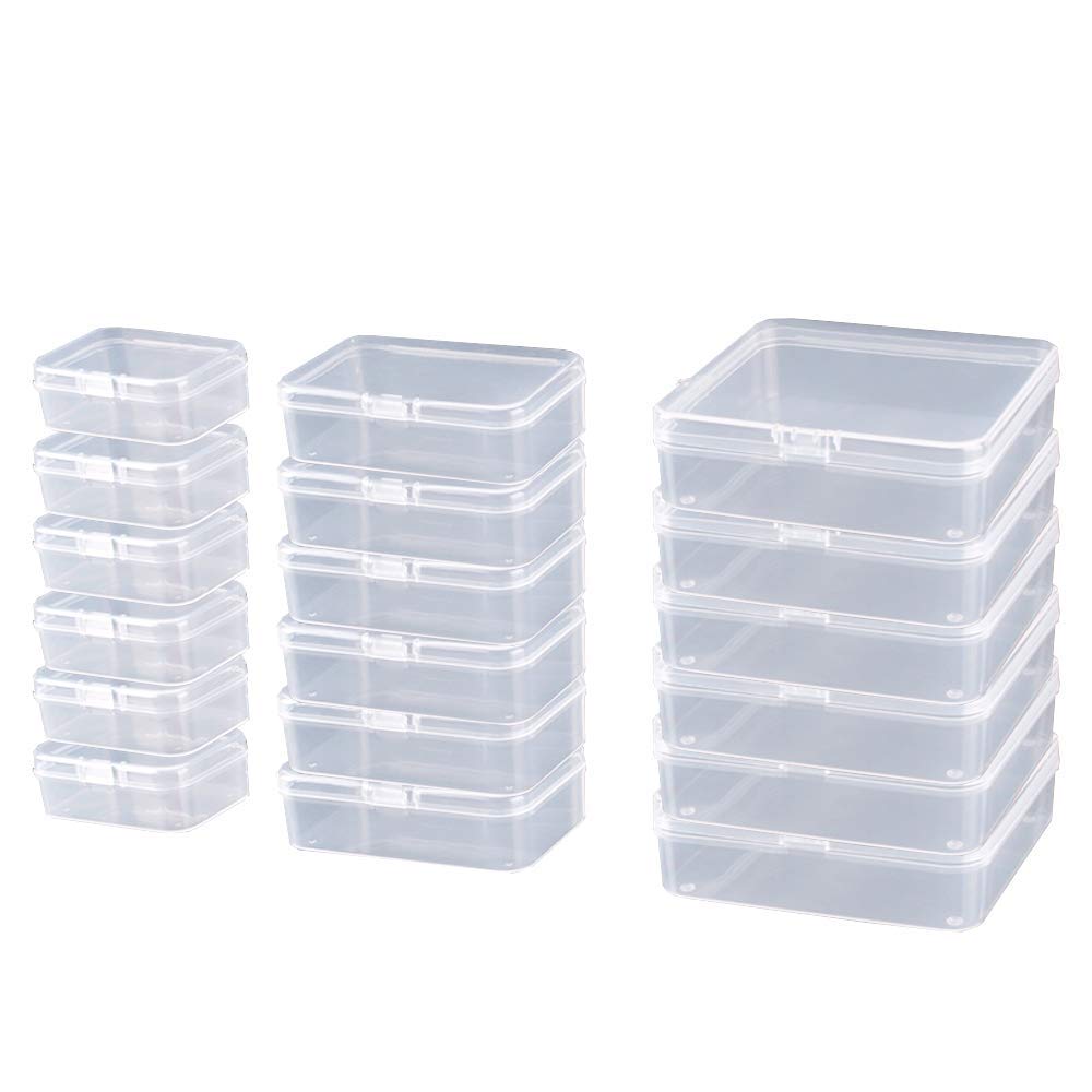 ODOOKON 18 Pcs (3 sizes) Rectangle Mini Clear Plastic Storage Containers Box Case with lid for Small Items, Bead, Jewelry, and Other Craft Projects